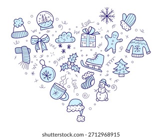 Conjunto de iconos de Doodle acogedor de invierno en forma de corazón
