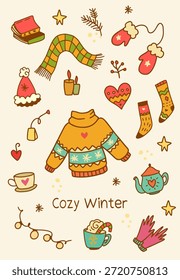 Conjunto de doodle acogedor de invierno. Ropa de abrigo, bebidas, libros, regalos, velas. Tarjeta de felicitación. Vector de arte de línea. sobre fondo blanco. sentimiento de Navidades