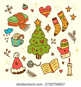 Conjunto de doodle acolhedor inverno. Roupas quentes, bebidas, livros, presentes, velas, luvas, meias, flocos de neve e outros. Vetor de arte linear bonito. Cor retrô Natal humor