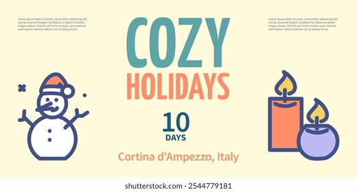 Winter Cozy Holidays Concept Horizontal Invitation Placard Poster Banner Card Template with Candles and Snowman. Vector illustration
