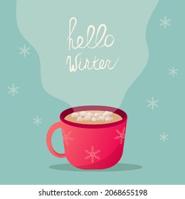 Invierno cálido taza de cacao, café con malvaviscos. Hola invierno. Ilustración vectorial de estilo plano.