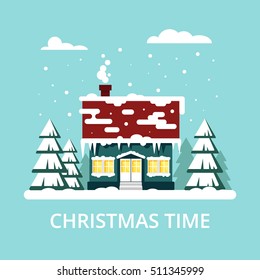 Winter cozy house with fits on blue background. Christmas time, happy new year - vector illustration. Snow flat city urban landscape, december cold xmas.