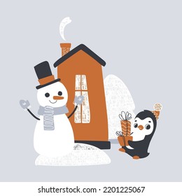 Winter cozy house in snowfall forest. Merry Christmas. Vector print for children room, fabric, paper, greeting card, postcard, card, t shirt, poster, textile. Vector illustration
