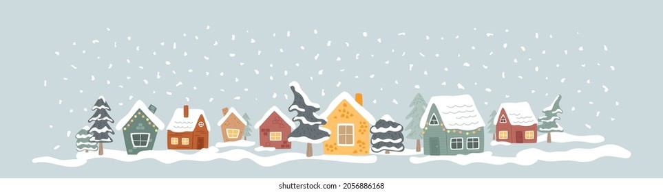 Winter cozy houses in snowfall forest. Abstract Christmas trees. Colored huts collection on blue background. Vector illustration. Greeting banner, New Year web footer, border, card.