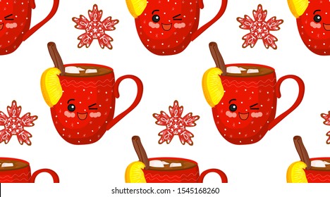 Winter cozy pattern. Hugge style. Red cups with a pattern. Snowflakes on a white background. Cinnamon and hot chocolate.
