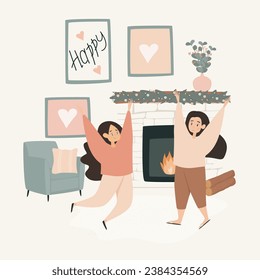 Winter cozy picture. Christmas mood. New Year holidays. The girls are happy to meet