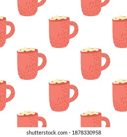 Winter cozy seamless pattern with hot chocolate cup ornament. Pink print on white background. Great for fabric design, textile print, wrapping, cover. Vector illustration