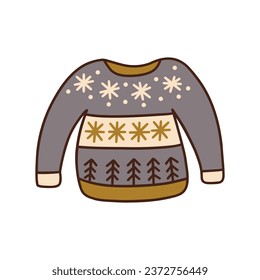 Winter cozy soft knitted gray sweater with snowflakes and Christmas trees. Seasonal warm clothes. Colorful vector isolated illustration with outline hand drawn. Season garment