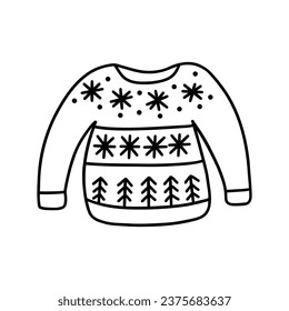 Invierno acogedor suéter de punto suave con copos de nieve y árboles de Navidad. Ropa cálida de temporada. Ilustración aislada de vector blanco y negro dibujada a mano. Prendas de temporada