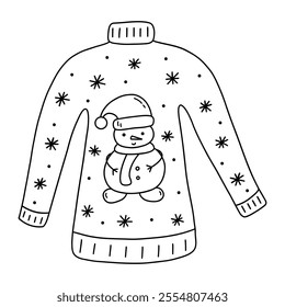 Winter cozy sweater with snowman and snowflakes. Seasonal warm clothes. Black and white vector isolated illustration hand drawn. Season garment. Christmas and New Year time