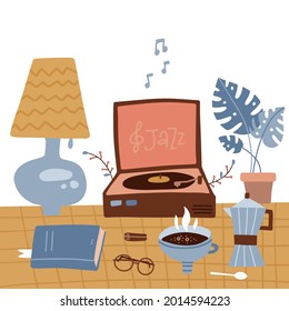 Winter cozy types of retro rest - vinyl records, book reading by the lamp, tea. A phonograph stands on a checkered tablecloth. Table with potted plant and turntable for vinyl record player