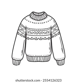 Winter cozy warm knitted sweater with ornament isolated on white background. Hand drawn vector sketch illustration in doodle engraved vintage line art style. Winter clothes design