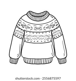 Winter cozy warm knitted sweater with ornament isolated on white background. Hand drawn vector sketch illustration in doodle engraved vintage line art style. Winter clothes design