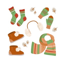 Winter Cozy Women's Set Of Outerwear Accessories. Fur Ear Muffs, Mittens, Socks, Scarf With Jacquard Scandinavian Pattern. Vector Illustration On Isolated White Background In Flat Style. 