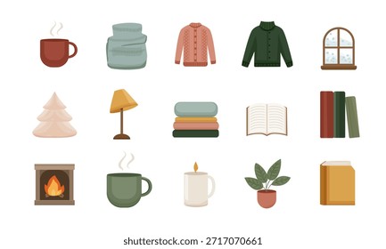  Conjunto de iconos de espacio de trabajo acogedor de invierno Una taza con una bebida caliente, una ventana cubierta de nieve, una chimenea y libros crean un ambiente acogedor, cálido y creativo. Arte vectorial. aislado sobre fondo blanco.