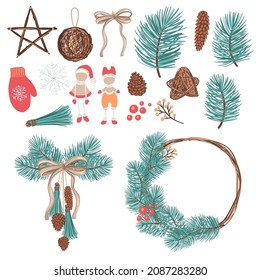 Winter craft decorations, fir tree branches , wreath, cones. A set of hand Drawn vector icons