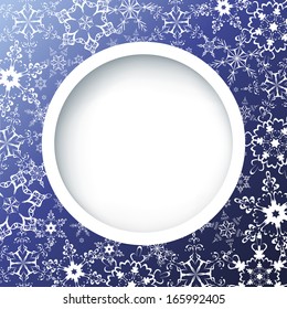 Winter creative background with ornate snowflakes. Winter frame. Blue background with white ornate snowflakes. New Year and Christmas celebratory card with place for text. Vector illustration