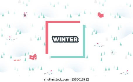 Winter creative illustration. Retro style vector background, cute template with pine trees forest, snow, ski, fishing and red village houses, nordic rorbu for poster or web page design