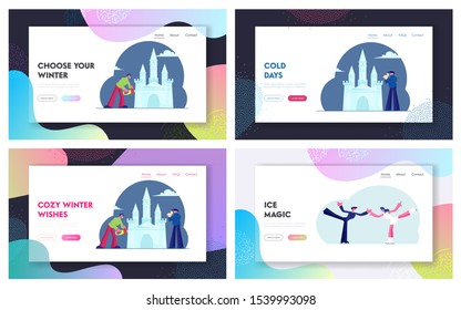 Winter Creative Occupation, Figure Skating Website Landing Page. Young Men Build Ice Castle with Hammer and Chainsaw for Exhibit, Couple Dance on Rink Web Page Banner. Cartoon Flat Vector Illustration