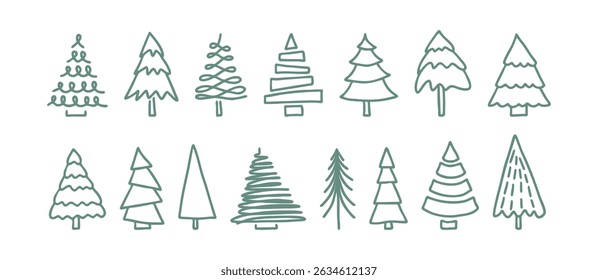 Winter Crhistmas New Year vector illustrations, xmas tree doodles. Set of simple, hand-drawn green Christmas tree doodles. Various stylized festive pine tree illustrations for holiday design elements.