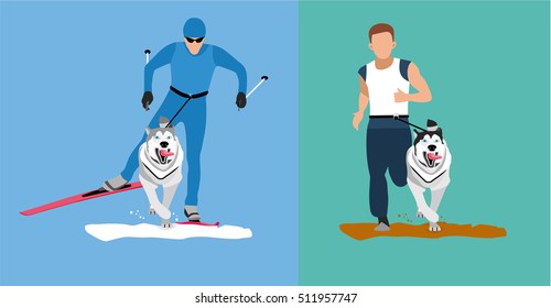 Winter cross country skiing with a dog and a summer running competition with the dog-husky. Flat cartoon illustration. Sport banner. Dog sticking his tongue runs ahead of the man. Skijoring, canicross