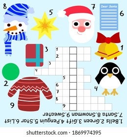 Winter crossword for kids stock vector illustration. Amusing educational crossword with keyword let it snow and answer. Funny children word game with Santa, penguin, snowman and more. One of a series