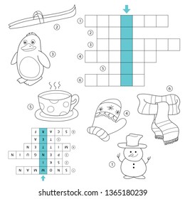 Winter crossword for kids. Task and answer. Coloring book for children of preschool and school age. With the answer.