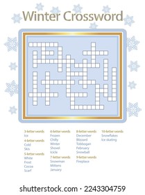 Winter Crossword Puzzle, Fun Activity Game for Kids and Adults, Promo, Promotion, Invitation, Card, Illustration, Seasonal, Holiday, Home Schooling