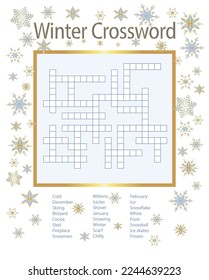 Winter Crossword Puzzle, Fun Word Game for Kids and Adults, Season, Promo, Promotion, Invitation, Card, Illustration, Gold, Light Blue, Snowflakes