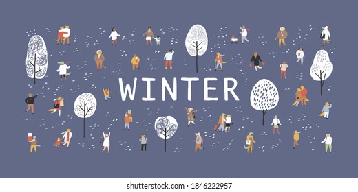 WINTER. Crowd cute animals. Winter park. Dark blue background.