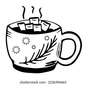 Winter cup cocoa with marshmallows. Snowflakes and twigs on the cup. Vector illustration. Doodle style. Design for Web, print, pattern, cover, article illustration, banner, postcard, post, copy space