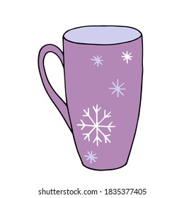 Winter cup decorated with snowflake ornament. Vector illustration for the cold season. Colour. Black outline.
