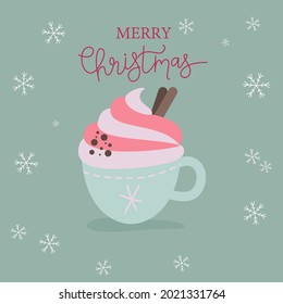Winter cup of hot chocolate or hot cocoa with marshmallows and snowflake ornament. Blue circle. Flat design elements. Winter season illustration.