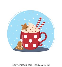 Winter cup of hot chocolate or hot cocoa with polka dot design. Red mug with coffee, Christmas candies and cream. Flat design elements. Winter season illustration. Vector illustration