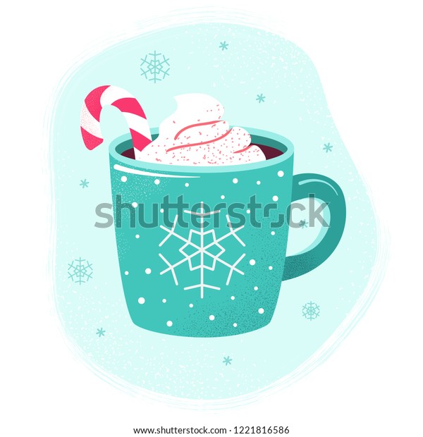 ホットチョコレートかホットココアのカップにマシュマロ と雪片の装飾を加えた コーヒー クリスマスキャンディー クリーム入りの青いマグ フラットデザインエレメント 冬のイラスト のベクター画像素材 ロイヤリティフリー