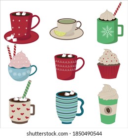 Winter cup of hot chocolate, coffee, cocoa with marshmallow in christmas design. Vector illustration isolated on white background.