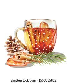 Winter cup of tea with cinnamon and orange slices. Conifer cone and fir tree leaves. Cold season beverages vector
