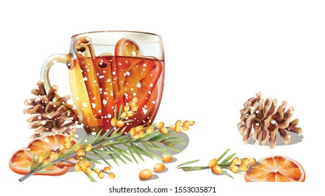 Winter cup of tea with cinnamon and orange slices. Conifer cone and fir tree leaves. Cold season beverages vector
