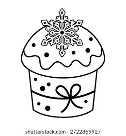 Winter cupcake with snowflake in cartoon style. Black and white Christmas sweet food doodle, tasty bakery, Holiday vector illustration