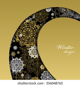 Winter curl design with gold and white snowflakes and stars and black background. Trend golden design. Swirl border stripe and text place. Golden vintage vector illustration.