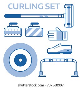 Winter curling icons with outline sport equipment including broom, stone, shoes and other elements. Ice sports essentials in line art style.