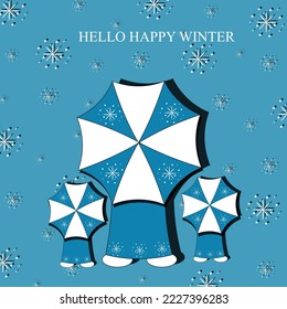 Winter cut out paper picture with kid under umbrella, falling snowflakes on blue background with inscription hello happy winter. Winter concept. Hello happy winter picture.