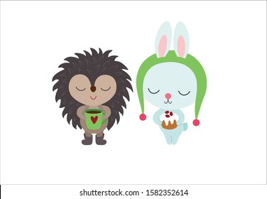 Winter cute animals hedgehog and rabbit. Holding cup of tea and cupcake. Cartoon characters sweet style. Lovely baby animal vector illustration. Cosy December Christmas image for kids.