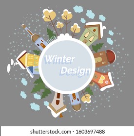 Winter cute background with landscape with houses, snow, trees, Christmas trees. Street of colored flat buildings located on the round frame.