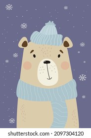 Winter cute bear in winter knitted hat and scarf on background of snowflakes. Vertical vector illustration in flat style. Postcard, for print and design, childrens collection.