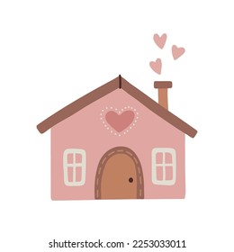 Winter cute cozy house. Sweet doodle pink home isolated on white background. Vector illustration