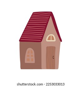 Winter cute cozy house. Sweet doodle pink home isolated on white background. Vector illustration