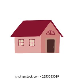Winter cute cozy house. Sweet doodle pink home isolated on white background. Vector illustration