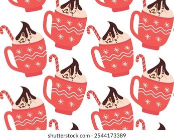 Winter cute cups with snowflakes, seamless pattern. Vector illustration of red cup with hot cocoa, whipped cream and chocolate chips ideal for textile, wrapping paper, background