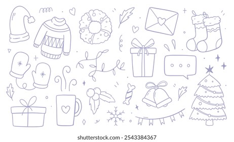 Winter cute doodle on white background. Vector illustration